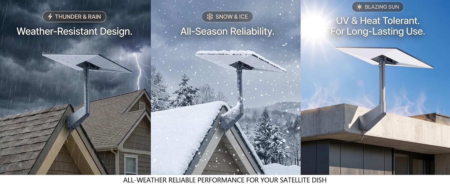 Durable Starlink mount showing reliable operation through rain, snow, and extreme sun conditions.