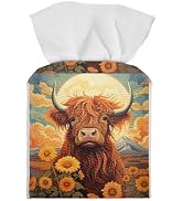 ZOUTAIRONG Highland Cattle Sunflower Tissue Box Cover Leather Tissue Holder Square with Bottom Be...