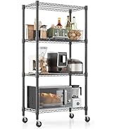 Homdox Heavy Duty Storage Shelves, 4 Tier Wire Shelving Unit with Wheels, Commercial Adjustable M...