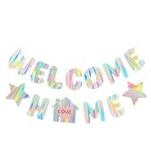 Iridescent Welcome Home Banner, Pre-Strung DIY Welcome Home Decorations | Holographic Welcome Par...