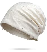 Women's Soft Thin Cotton Beanie with Ripped Details & Sparkling Rhinestones, Hipster Knit Hat for...