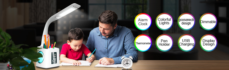 led desk lamp study lamp desk light table light clock usb charger pen holder home office bedroom