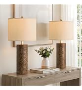 BOBOMOMO 24.25" Modern Farmhouse Table Lamps Set of 2, Geometric Wood Grain Resin Bedside Lamps f...