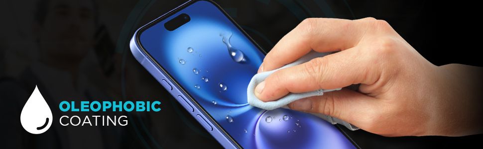 Oleophobic coating on iPhone 16 screen protector repels fingerprints and smudges for a clean display