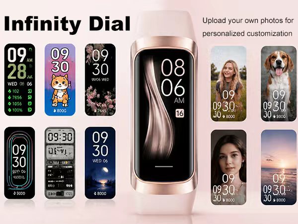 Fitness tracker with customizable watch faces and personal photo dials