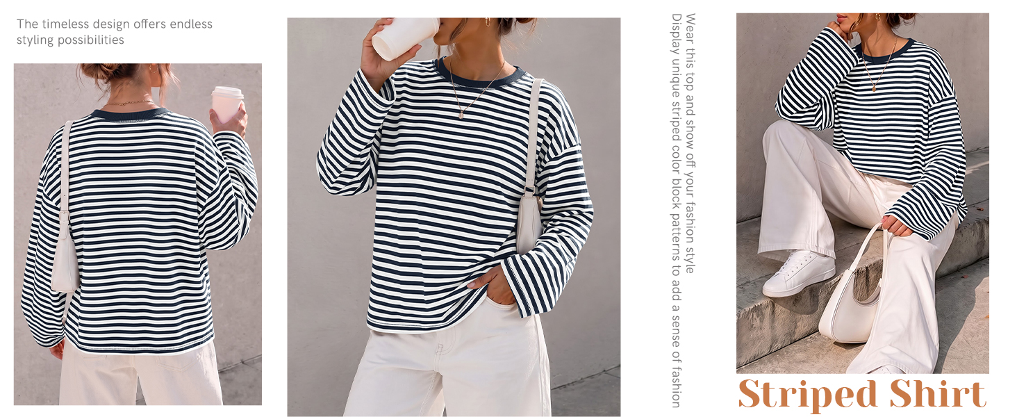 Striped Long Sleeve Shirt Women Oversized Crewneck Fall Y2k Tops 2026