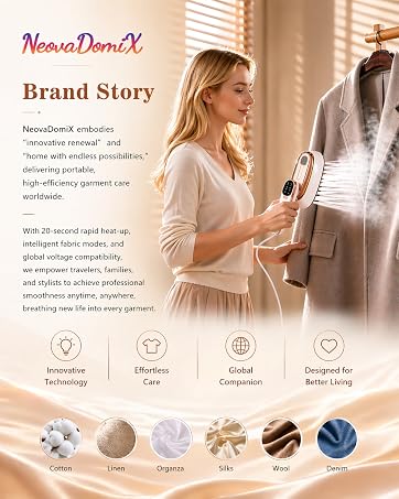 Portable garment steamer in use smoothing wrinkles on clothing with strong steam output