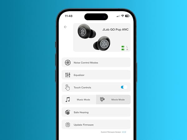 JLab app with go pop anc settings displayed on screen
