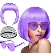 PLULON Purple Bob Wig and Sunglass Set, Neon Short Bob Wig Sunglass Pack Costume Colorful Cosplay...