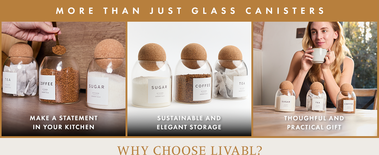 A set of glass canisters with cork lids for kitchen storage. Images show various sizes of jars filled with dry goods, and a person enjoying a hot beverage.