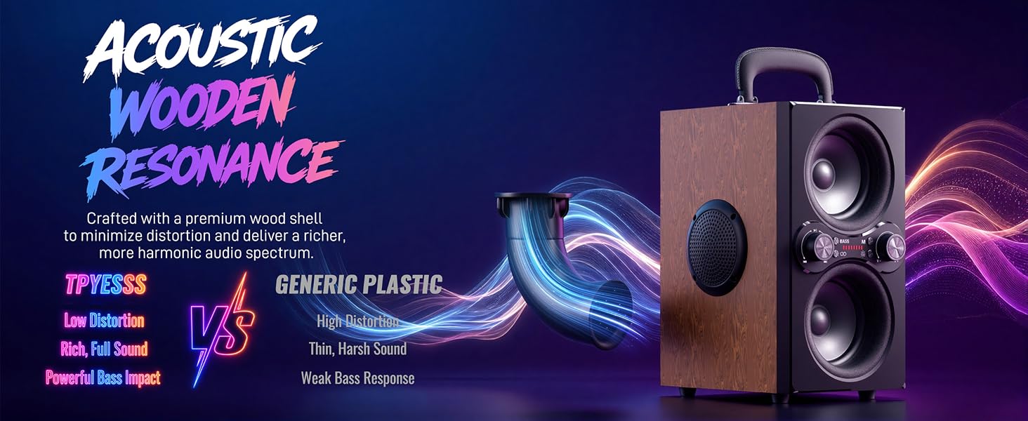 A wooden speaker and a curved bass tube surrounded by glowing, colorful abstract sound waves.