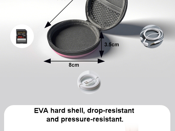 Text reads 'EVA hard shell, drop-resistant and pressure-resistant.' Circular protective case measuring 8cm in diameter with memory card for scale.