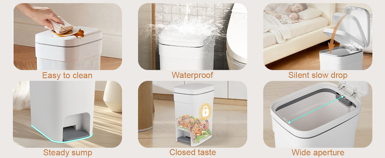 garbage can details easy to clean waterproof silent slow drop steady sump closed taste wide aperture
