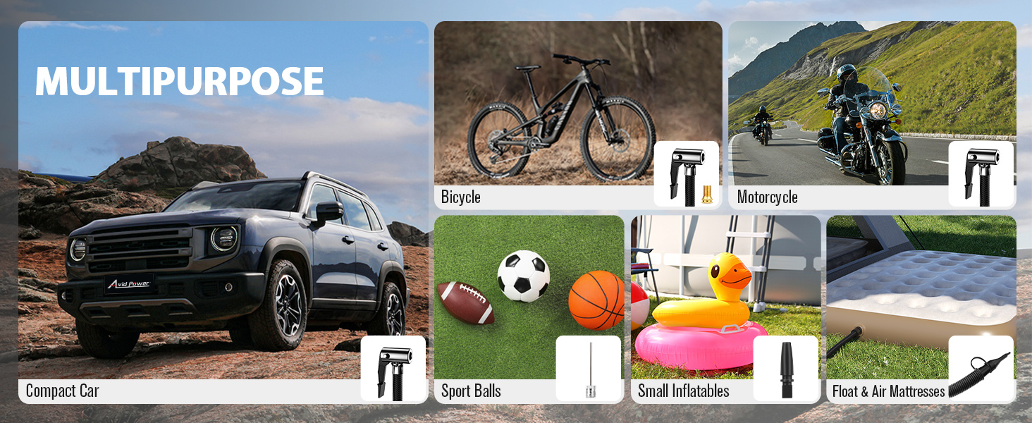 Multipurpose for car tires, bicycles, motorcycles, air mattresses, sports balls, small inflatables