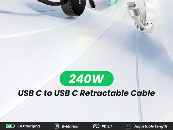 iphone 15 16 pro max charging cable usb c to usb c retractable cable white 240w type c to c cable