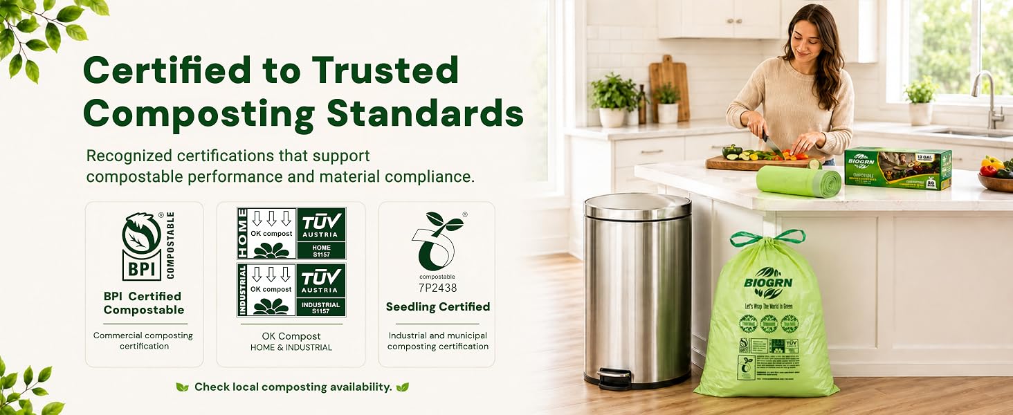 BIOGRN compostability certifications including BPI, OK compost HOME, and Seedling.