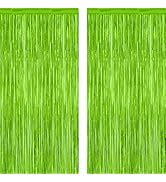 2 Pack Backdrop Curtains, 3.28 Feet x 7.05 Feet Grass Green Fringe Curtains, Metallic Tinsel Back...