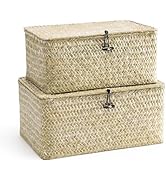 Nonam Storage Basket with Lid, Natural Seagrass Bin with Lid Set of 2, Shelf Baskets Multipurpose...