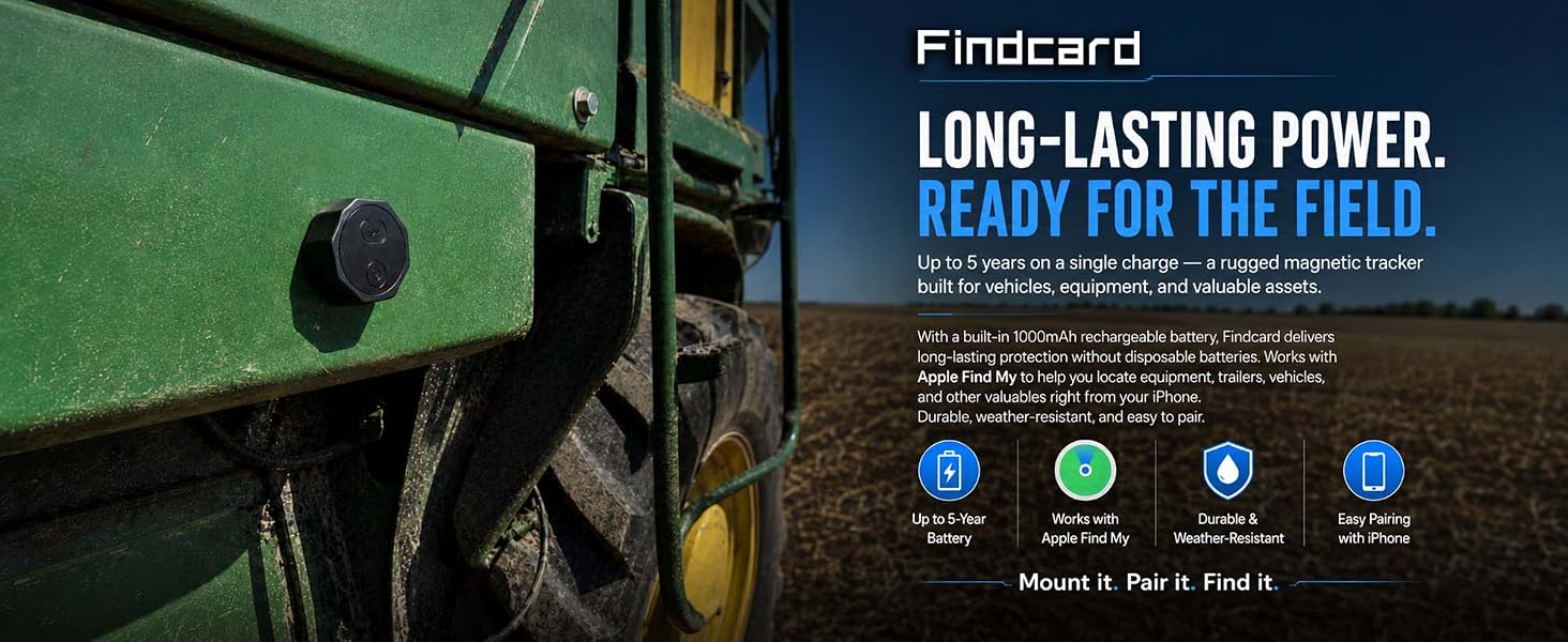 Findcard magnetic tracker attached to green farm equipment for locating vehicles