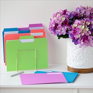 Smead colored file folders on a white desk, white pen, flower vase with purple Hydrangeas
