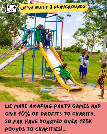 Colorful outdoor playground with slides and climbing structures. Children playing on equipment. Text mentions charitable donations from party games.