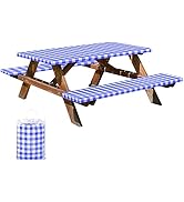 Cesun Picnic Table Cover with Bench Covers and Bag – Vinyl Outdoor Waterproof Tablecloth with Ela...