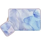 Laptop sleeve with matching pouch, featuring blue and purple watercolor-style pattern. Sleeve has gold zipper. Arvok logo visible on sleeve.