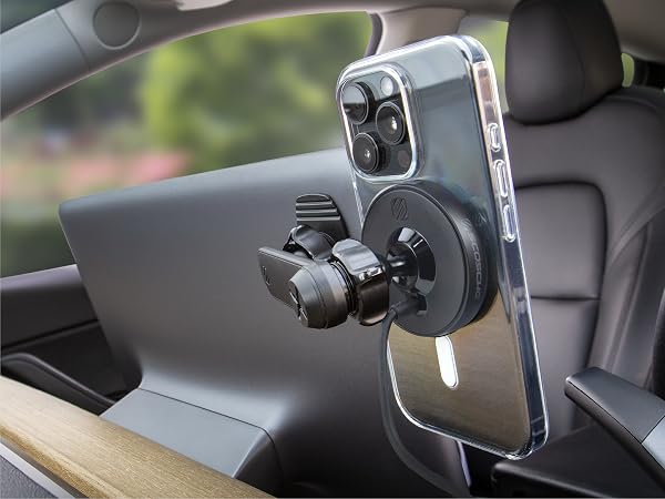MagSafe car charger behind a floating screen magnetic car phone holder keeps both displays in view