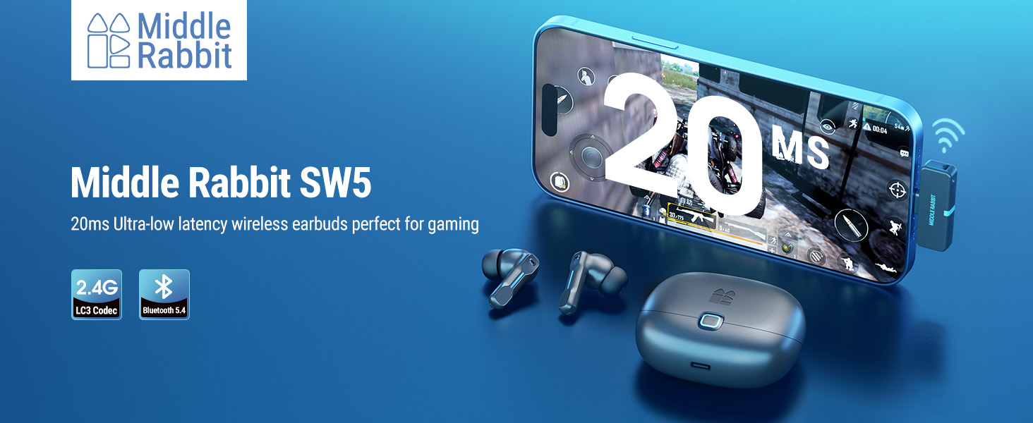 middle rabbit sw5 gaming earbuds with mic wireless for pc ps4 ps5 vr 2.4g bluetooth 20ms latency