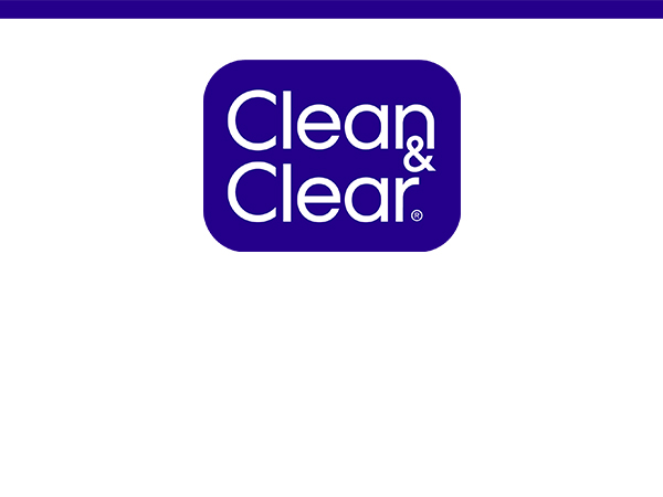 Purple wide screen, shallow bar with purple Clean & Clear logo center under it on white background