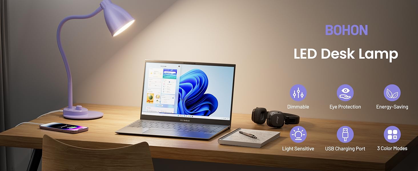 LED Desk Lamp with USB Charging Port Dimmable Reading Lamp Task Table Light Office Dorm Bedside