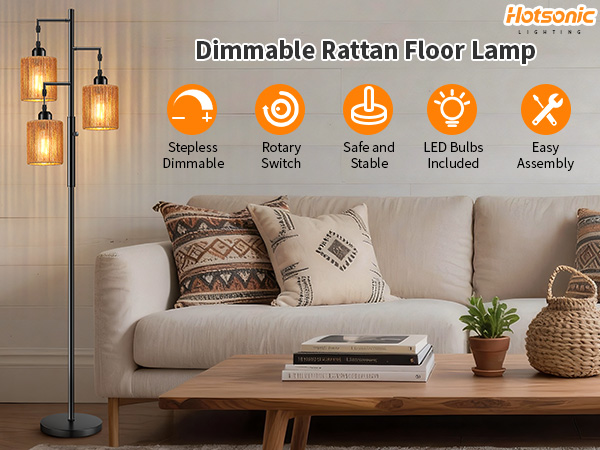 Hotsonic 72" Rattan Boho Floor Lamp, Tall Dimmable Standing Lamp with Handcrafted Brown Shad