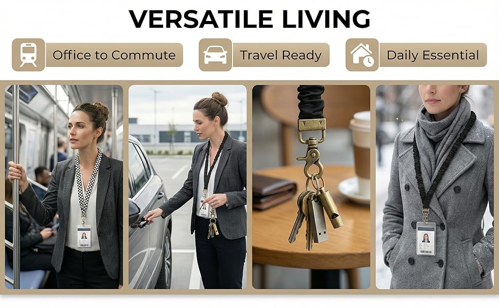 Fashion lanyard for women lifestyle showing daily use comfortable scrunchie strap for ID badge.