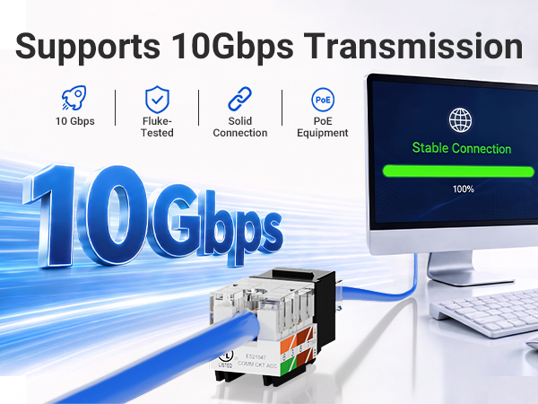 Text reads 'Supports 10Gbps Transmission'. Features display '10 Gbps' large blue text with icons for HD Video Tested, Stable Connection, Universal Connection, and Equipment Compatibility, plus transmission speed visualization.