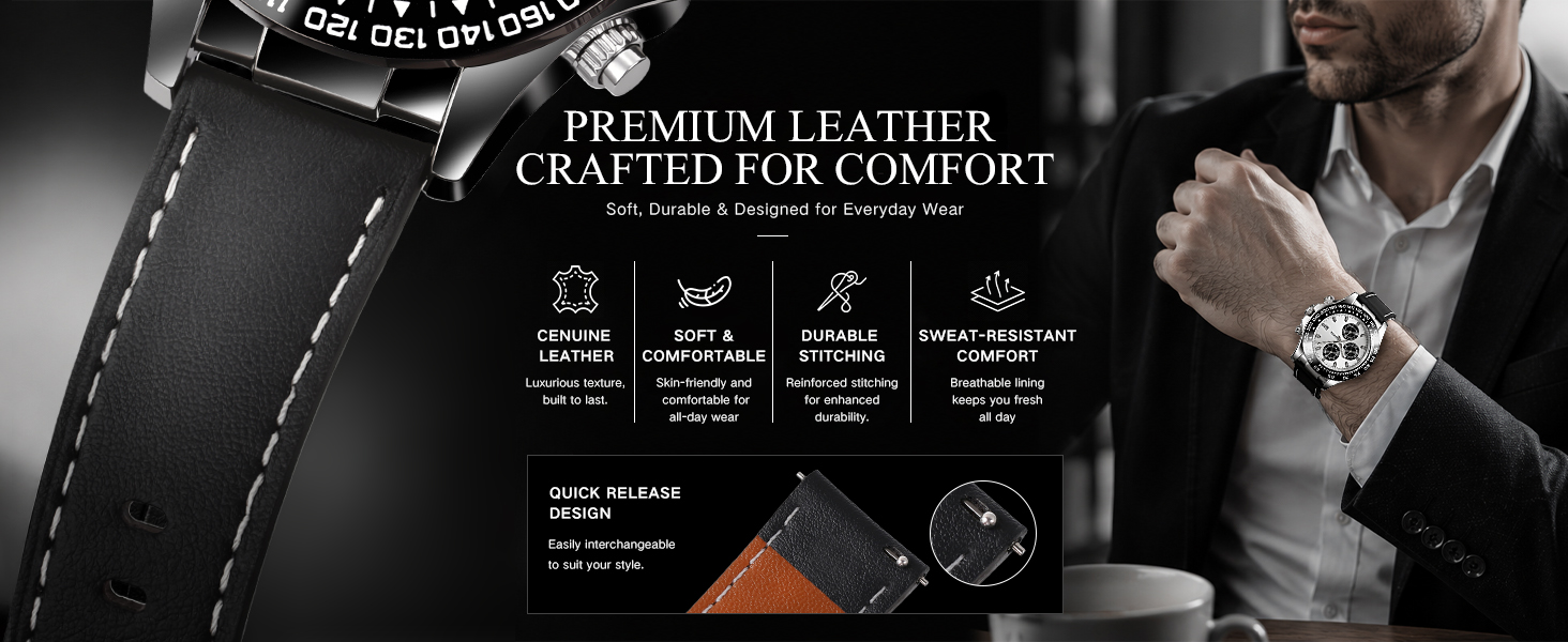 Casotime Watches for Men Leather Band Chronograph Silver and Black