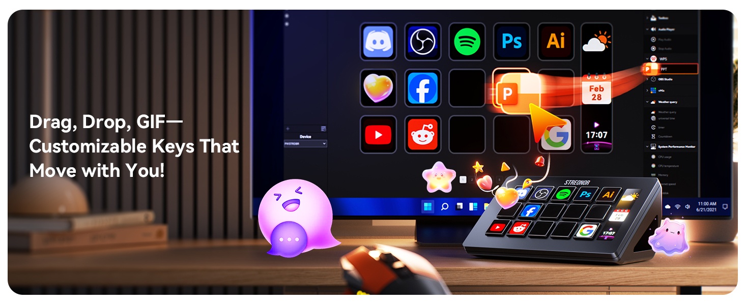 Text reads 'Drag, Drop, GIF - Customizable Icons That Move with You!'. Desktop setup showing colorful animated GIF icons and design software applications with purple lighting and modern workspace.