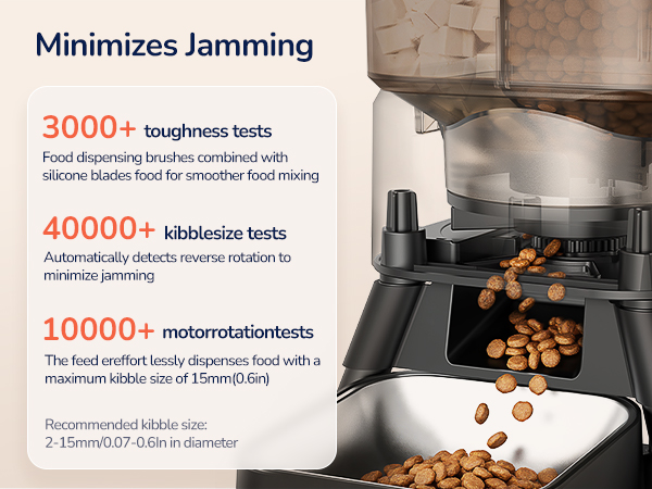 Text reads: 'Minimizes Jamming, 3000+ toughness tests, 40000+ slideforce tests, 10000+ materialrotations.' Close-up of dark electronic device with multiple brown objects falling through it.