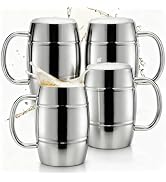Goaste 4 Pack Stainless Steel Barrel Mugs, 15 OZ Double Walled Beer Stein with Strong Handle, Hea...