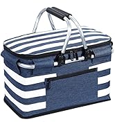 KEFOMOL Insulated Picnic Basket,Leak-Proof Collapsible Cooler Bag,26L Grocery Basket with Lid,2 S...