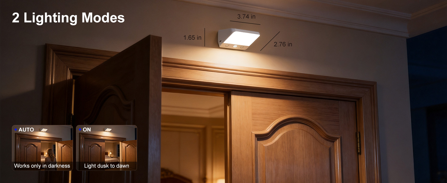 Text reads '2 Lighting Modes'. Interior room lighting demonstration showing warm-toned illumination in two different brightness settings on cabinet and doorway.