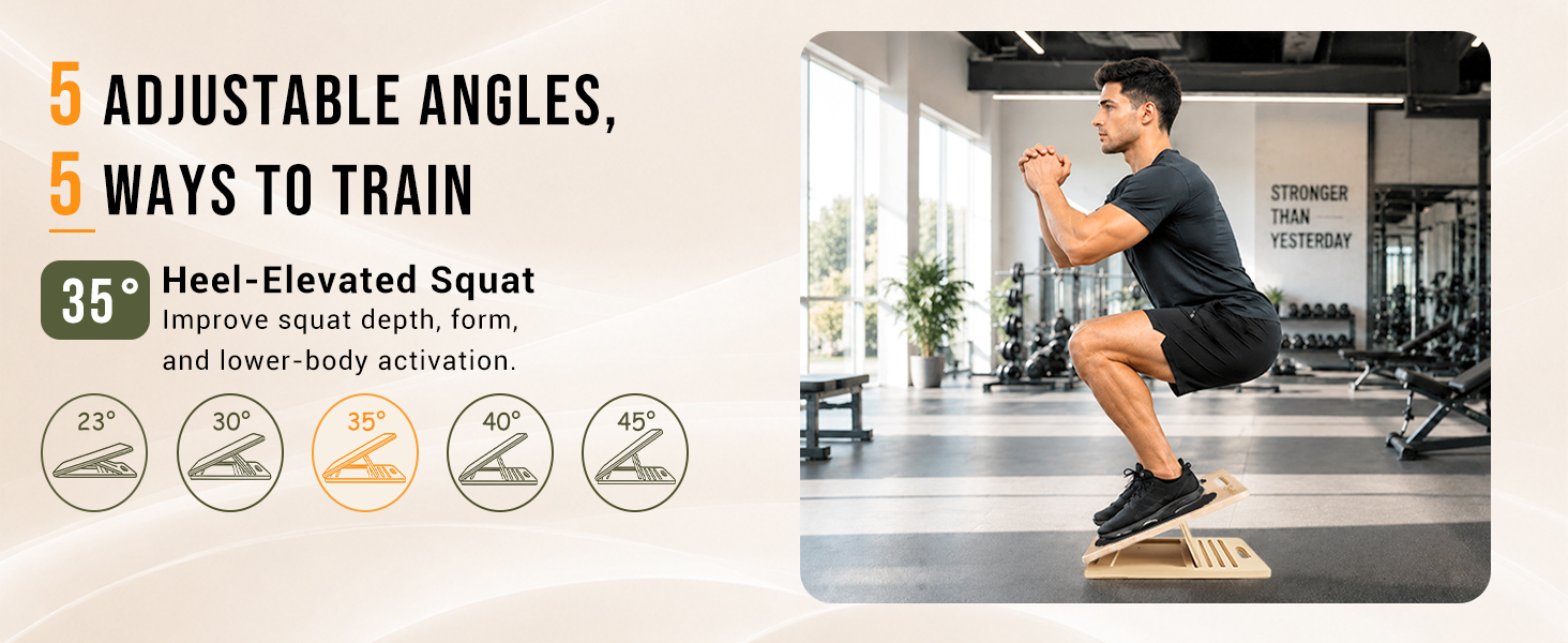 35° slant board for heel-elevated squat and lower-body activation.