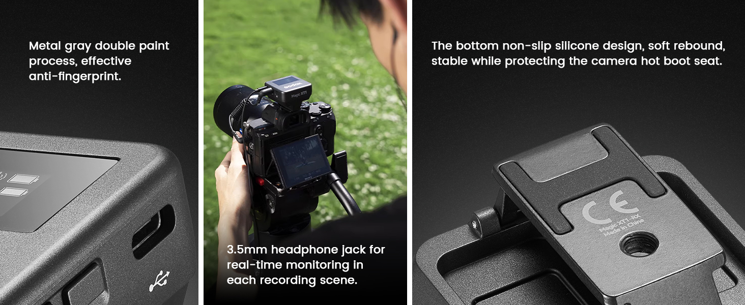 Composite of three photos showing a camera's metal grey double pivot mount with textured grip pattern, demonstrating usage and mounting features.