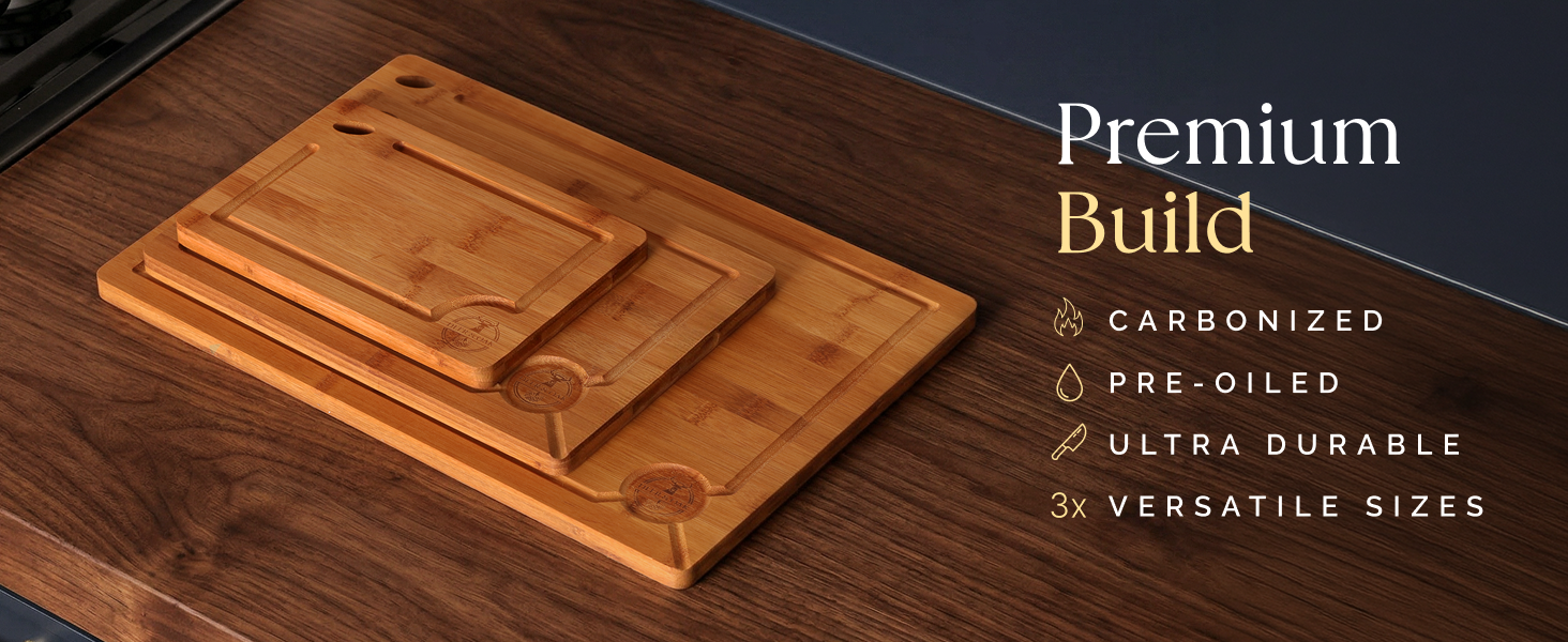 Pre-oiled, carbonized 3pc cutting board set on kitchen countertop.