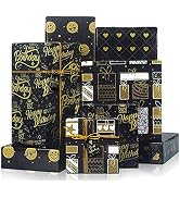 Larcenciel Birthday Wrapping Paper, Gift Wrapping Paper set, Black Gold Design w/Jute Twine and G...