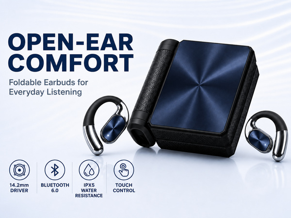 Open-ear earbuds with charging case, 14.2mm driver, Bluetooth 6.0 and IPX5.