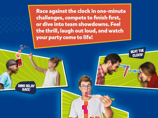 Game advertisement showing multiple action panels with text about one-minute challenges and team competitions, set against blue and green background.