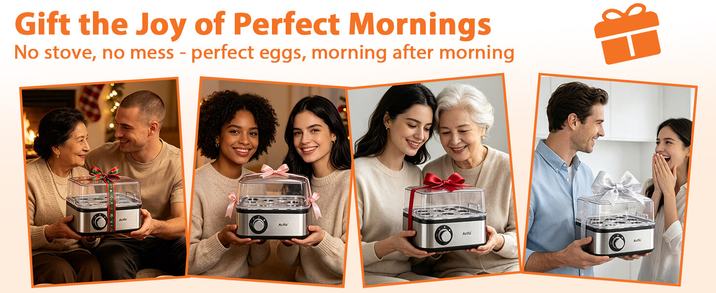 Text reads 'Gift the Joy of Perfect Mornings' and 'No more guessing - perfect eggs, morning after morning'. Multiple photos show families using electric egg cooker. Orange gift box icon visible. Product shown in various household settings.