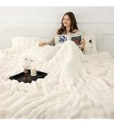 VELLUBAM Faux Rabbit Fur Bubble Heated Blanket Twin Size White - Ultra Soft Cozy Luxury Electric ...