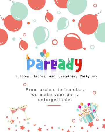 Colorful party supplies advertisement featuring balloon patterns, a multicolored 'Parpady' logo, and illustrations of party items like balloons, bunting, and a gift box.