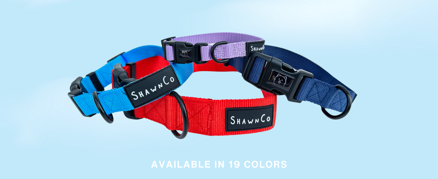 blue collar, red collar, light purple collar, navy blue collar